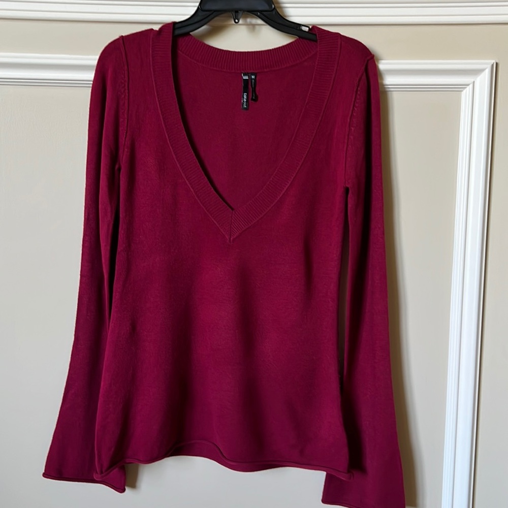 Long Sleeve Wine Color V Neck Sweater